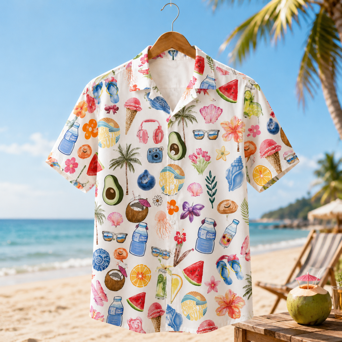 HW-M070-Colorful Summer Vacation Scrapbook Watercolor Fruit And Beach Element Graphic Button Down Pajama Set