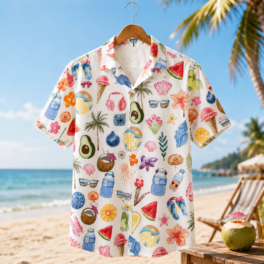 HW-M070-Colorful Summer Vacation Scrapbook Watercolor Fruit And Beach Element Graphic Button Down Pajama Set