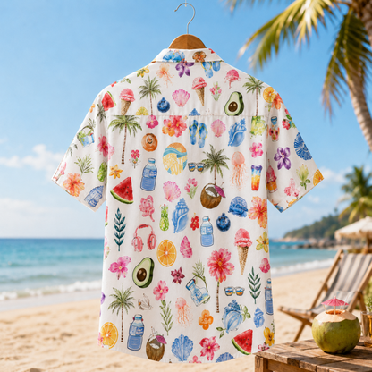 HW-M070-Colorful Summer Vacation Scrapbook Watercolor Fruit And Beach Element Graphic Button Down Pajama Set