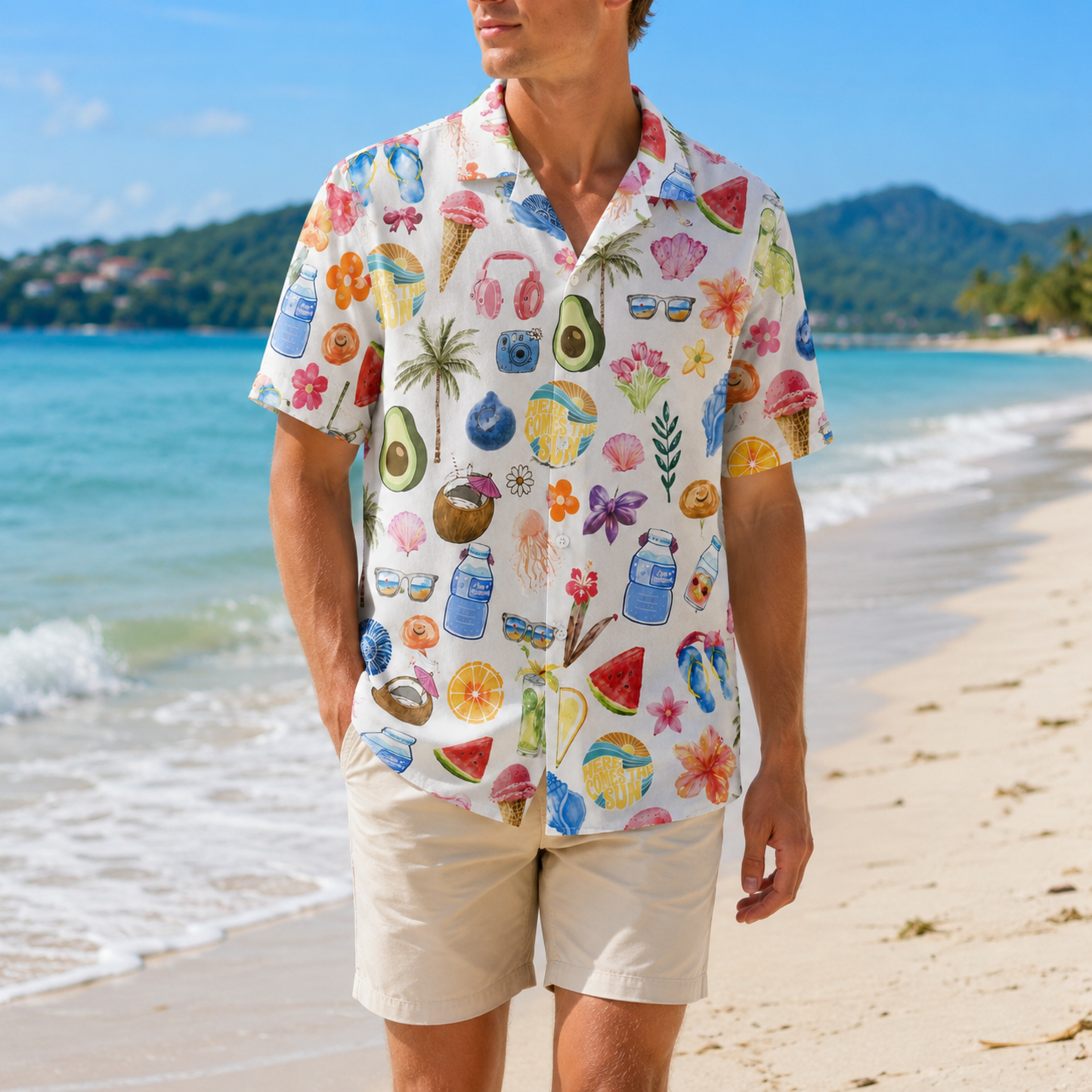 HW-M070-Colorful Summer Vacation Scrapbook Watercolor Fruit And Beach Element Graphic Button Down Pajama Set