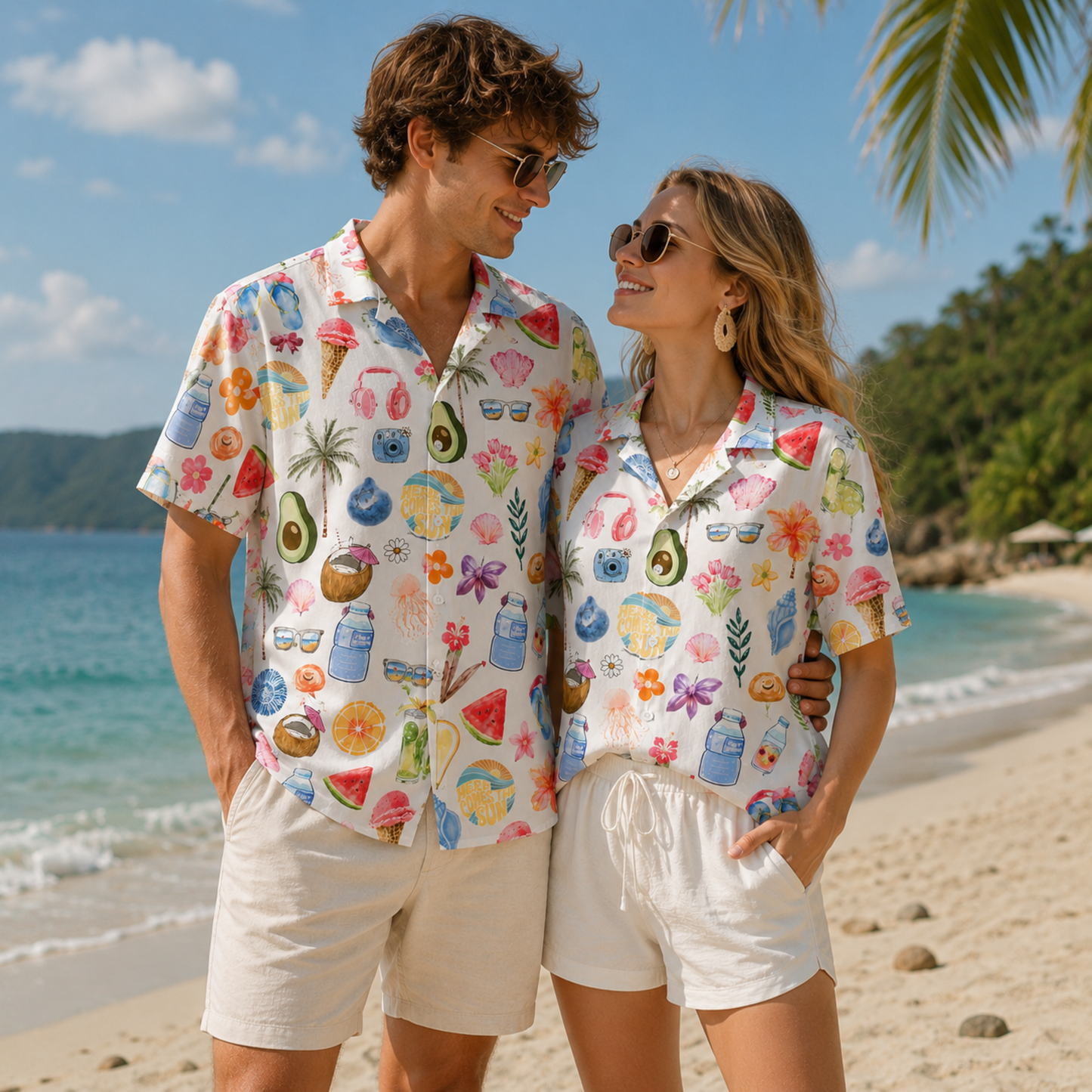 HW-M070-Colorful Summer Vacation Scrapbook Watercolor Fruit And Beach Element Graphic Button Down Pajama Set