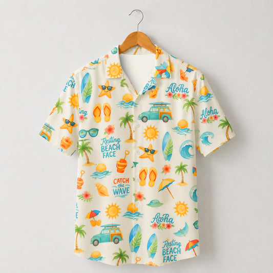 HW-M071-Fun Aloha Retro Surfboard And Beach Graphic Pattern Button Down Hawaiian Style Pajama Set