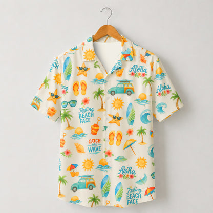 HW-M071-Fun Aloha Retro Surfboard And Beach Graphic Pattern Button Down Hawaiian Style Pajama Set