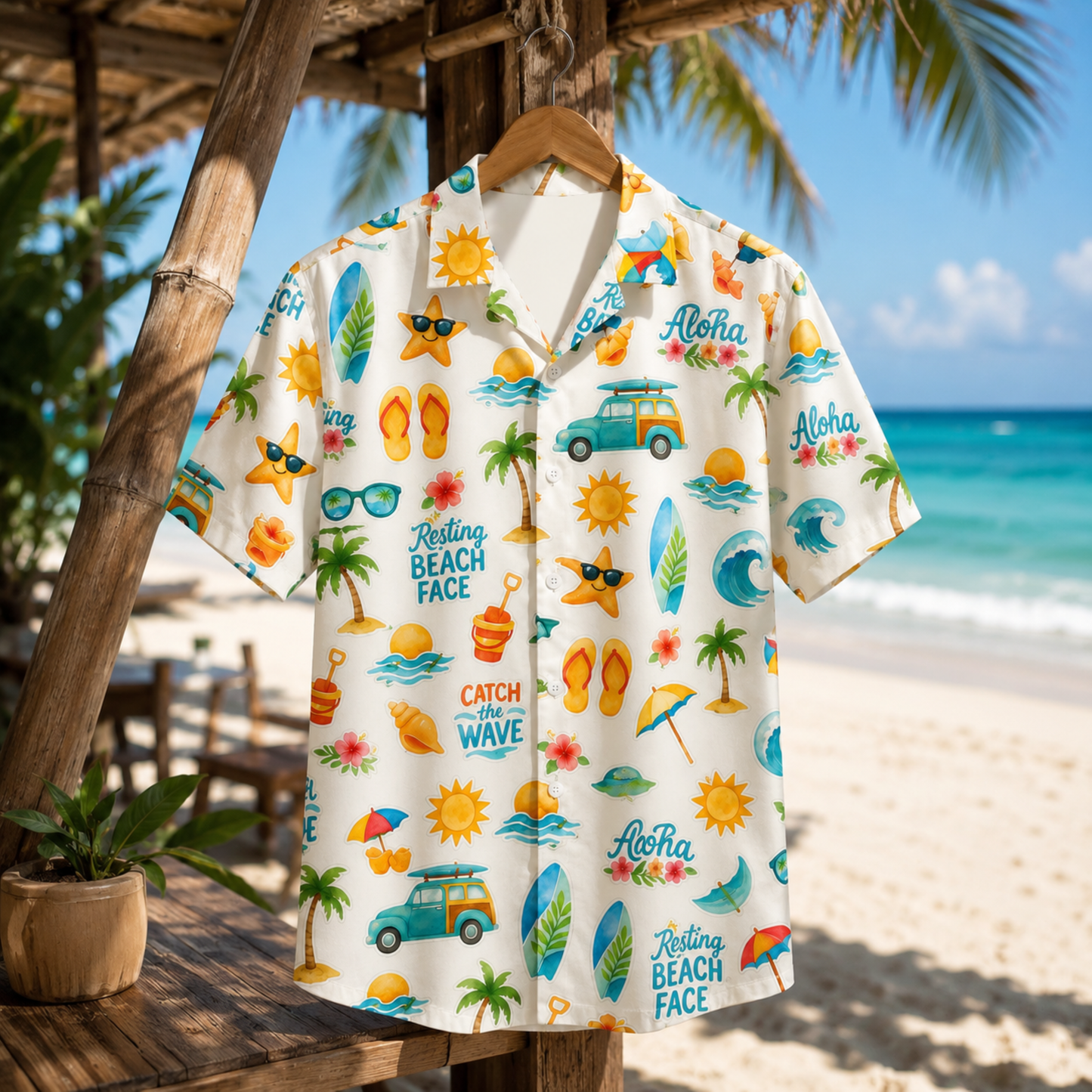 HW-M071-Fun Aloha Retro Surfboard And Beach Graphic Pattern Button Down Hawaiian Style Pajama Set
