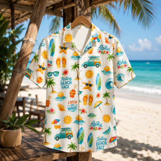 HW-M071-Fun Aloha Retro Surfboard And Beach Graphic Pattern Button Down Hawaiian Style Pajama Set