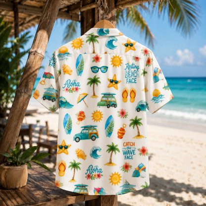 HW-M071-Fun Aloha Retro Surfboard And Beach Graphic Pattern Button Down Hawaiian Style Pajama Set