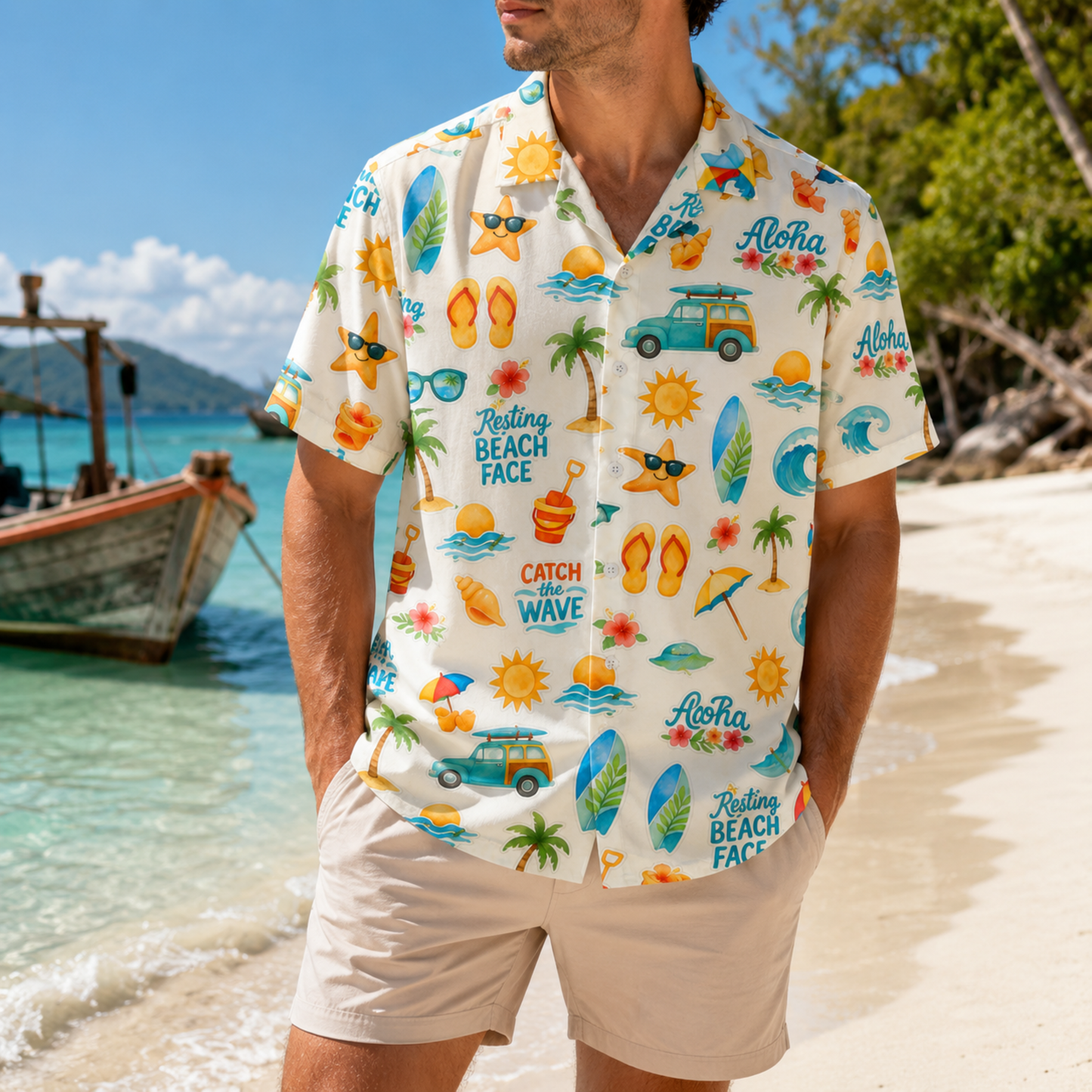 HW-M071-Fun Aloha Retro Surfboard And Beach Graphic Pattern Button Down Hawaiian Style Pajama Set