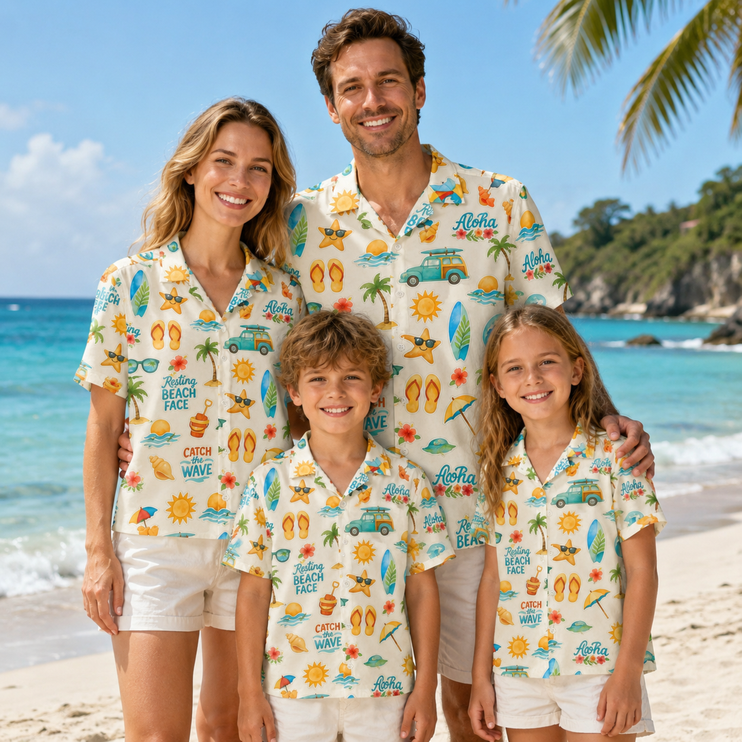 HW-M071-Fun Aloha Retro Surfboard And Beach Graphic Pattern Button Down Hawaiian Style Pajama Set