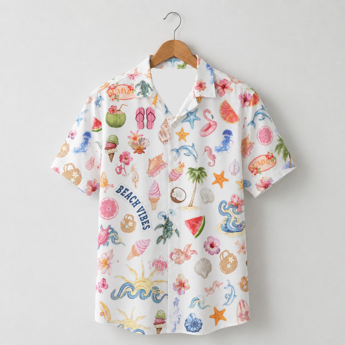 HW-M072-Colorful Summer Vacation Dolphin Seashell Floral Graphic White Camp Collar Lounge Match Pajama Set