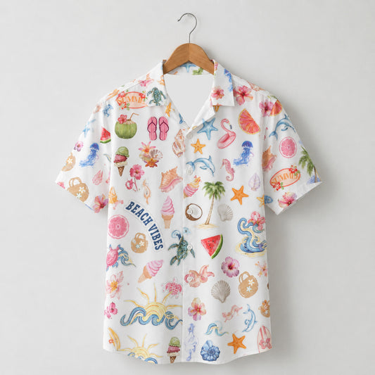 HW-M072-Colorful Summer Vacation Dolphin Seashell Floral Graphic White Camp Collar Lounge Match Pajama Set