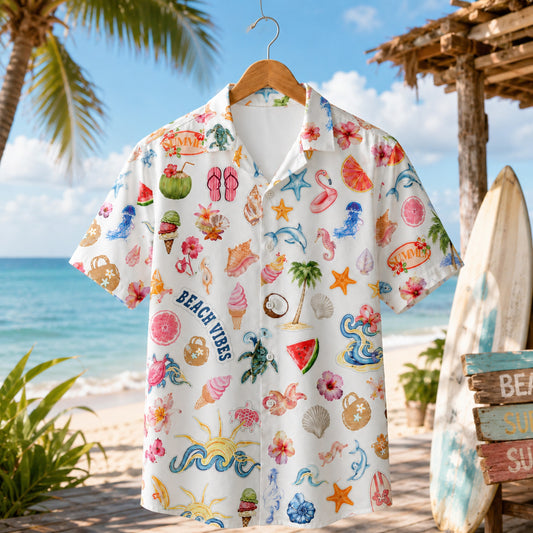 HW-M072-Colorful Summer Vacation Dolphin Seashell Floral Graphic White Camp Collar Lounge Match Pajama Set