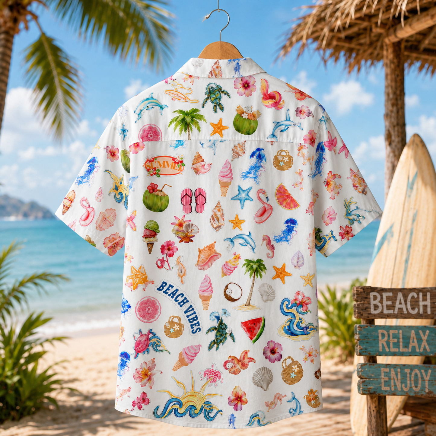 HW-M072-Colorful Summer Vacation Dolphin Seashell Floral Graphic White Camp Collar Lounge Match Pajama Set