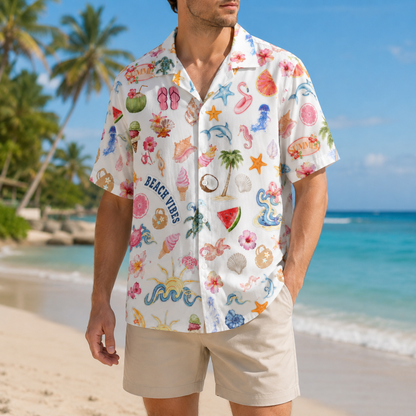 HW-M072-Colorful Summer Vacation Dolphin Seashell Floral Graphic White Camp Collar Lounge Match Pajama Set