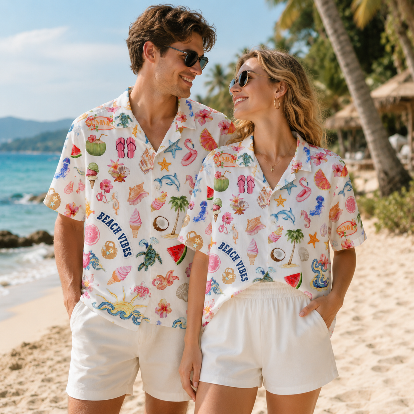 HW-M072-Colorful Summer Vacation Dolphin Seashell Floral Graphic White Camp Collar Lounge Match Pajama Set
