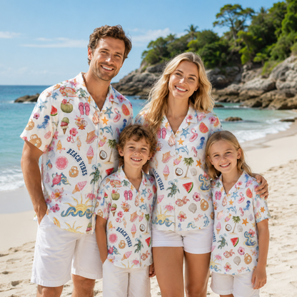 HW-M072-Colorful Summer Vacation Dolphin Seashell Floral Graphic White Camp Collar Lounge Match Pajama Set