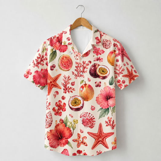 HW-M073-Bright Red Coral Hibiscus Flower And Exotic Fruit Motif Tropical Aesthetic Lounge Pajama Set