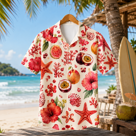 HW-M073-Bright Red Coral Hibiscus Flower And Exotic Fruit Motif Tropical Aesthetic Lounge Pajama Set
