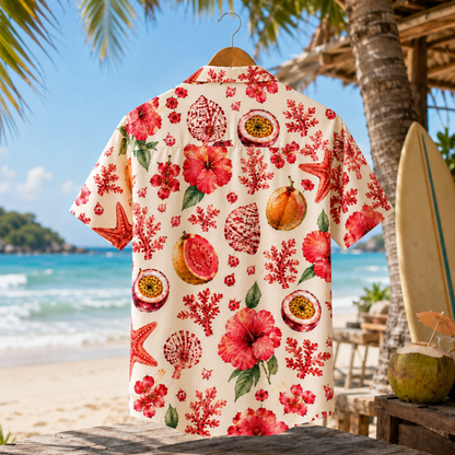 HW-M073-Bright Red Coral Hibiscus Flower And Exotic Fruit Motif Tropical Aesthetic Lounge Pajama Set