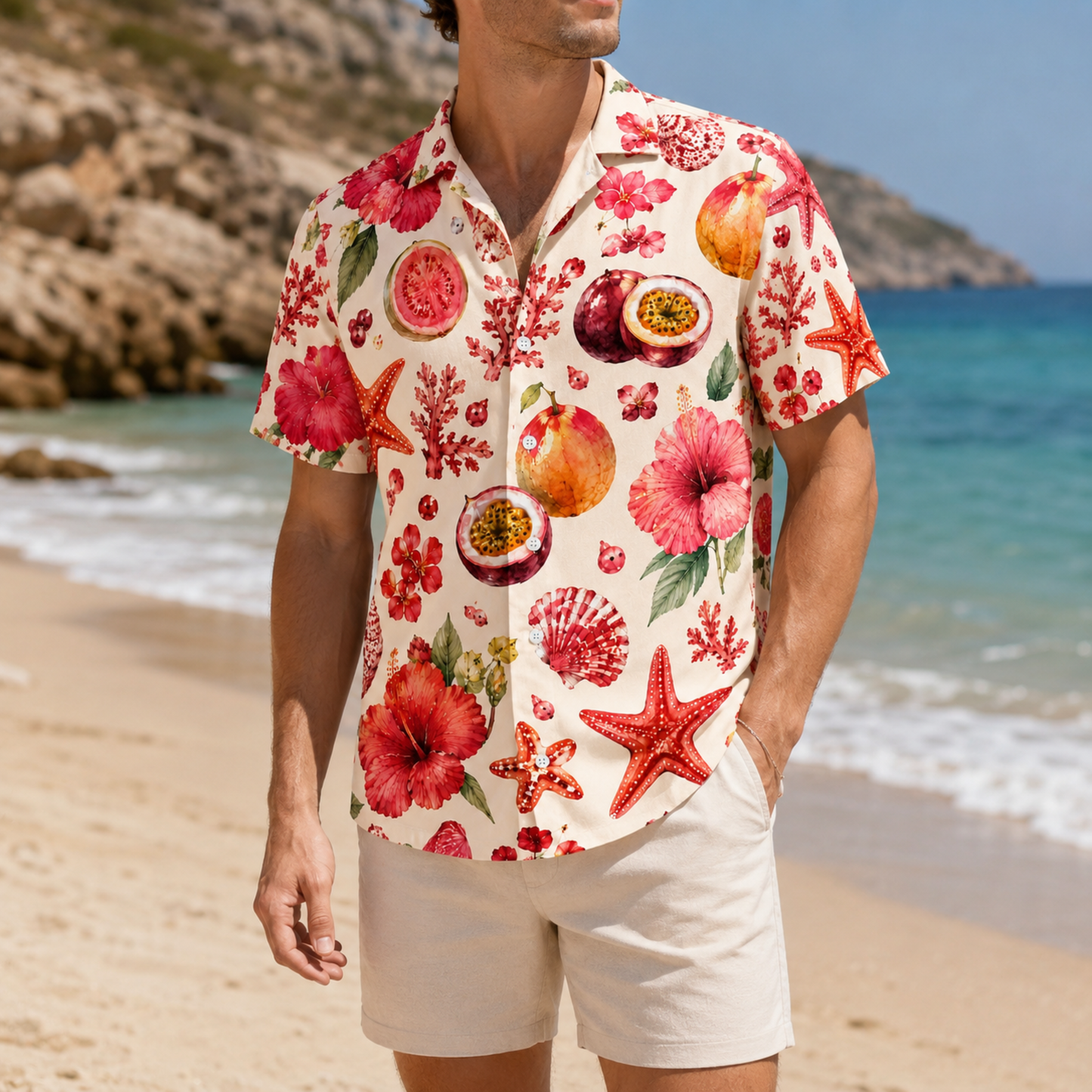 HW-M073-Bright Red Coral Hibiscus Flower And Exotic Fruit Motif Tropical Aesthetic Lounge Pajama Set