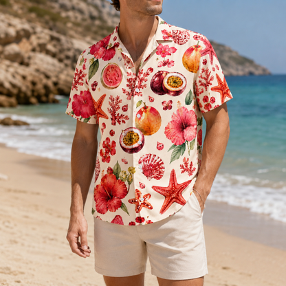 HW-M073-Bright Red Coral Hibiscus Flower And Exotic Fruit Motif Tropical Aesthetic Lounge Pajama Set
