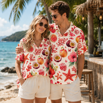 HW-M073-Bright Red Coral Hibiscus Flower And Exotic Fruit Motif Tropical Aesthetic Lounge Pajama Set