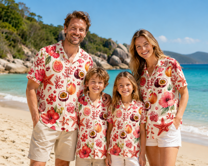HW-M073-Bright Red Coral Hibiscus Flower And Exotic Fruit Motif Tropical Aesthetic Lounge Pajama Set
