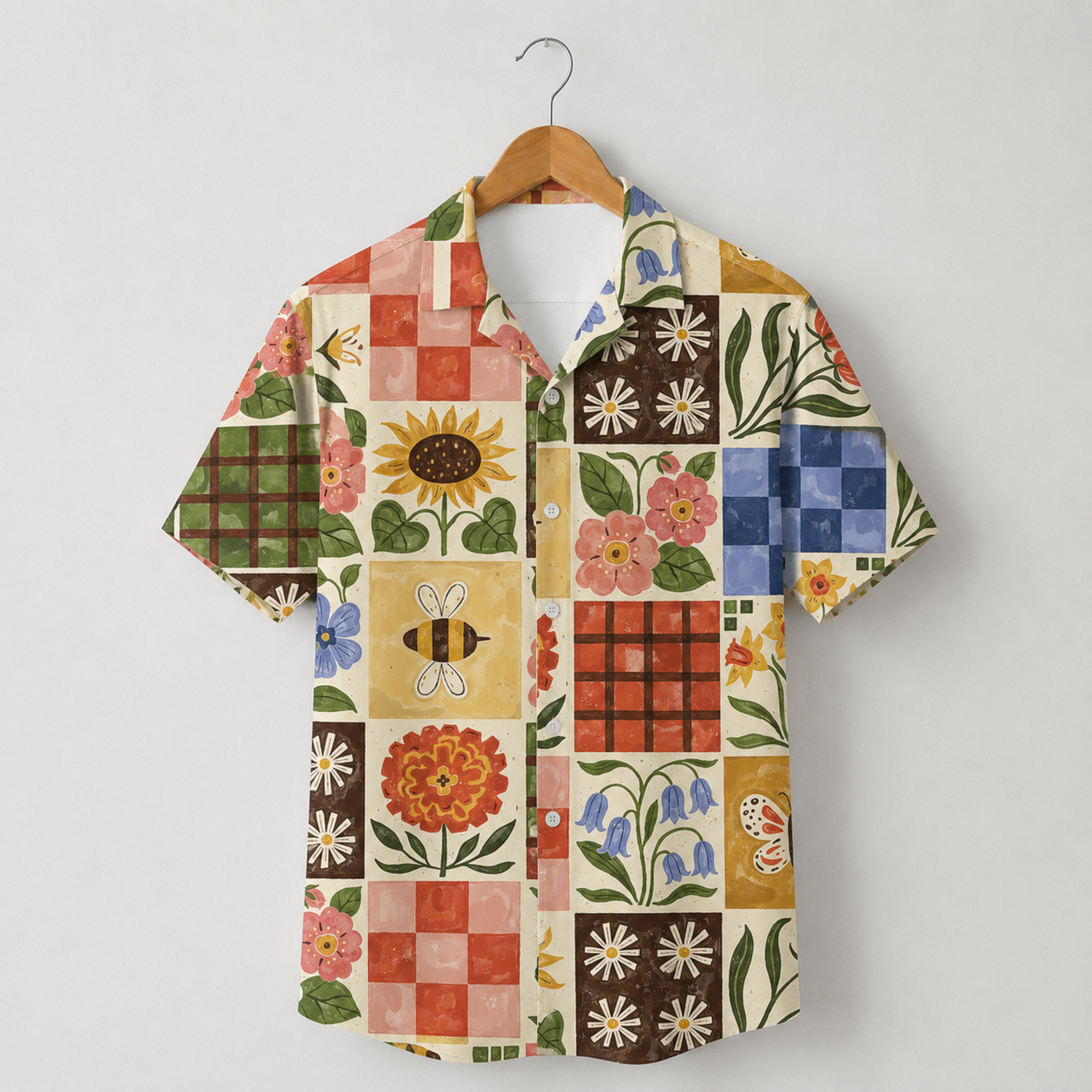 HW-M074-Vintage Seventies Folk Art Floral Grid Pattern Camp Collar Festival Top Hawaiian Shirt