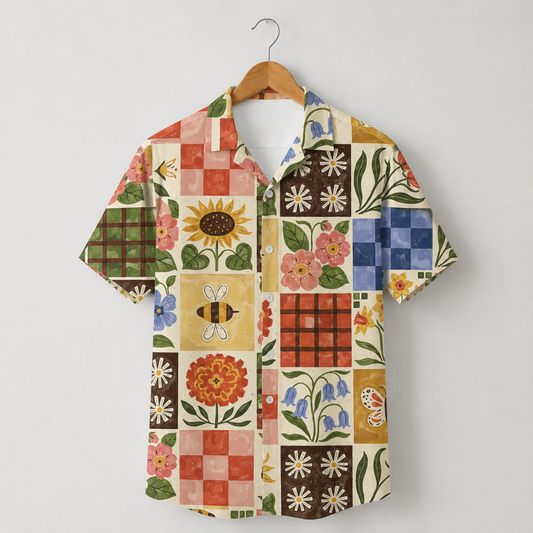 HW-M074-Vintage Seventies Folk Art Floral Grid Pattern Camp Collar Festival Top Hawaiian Shirt