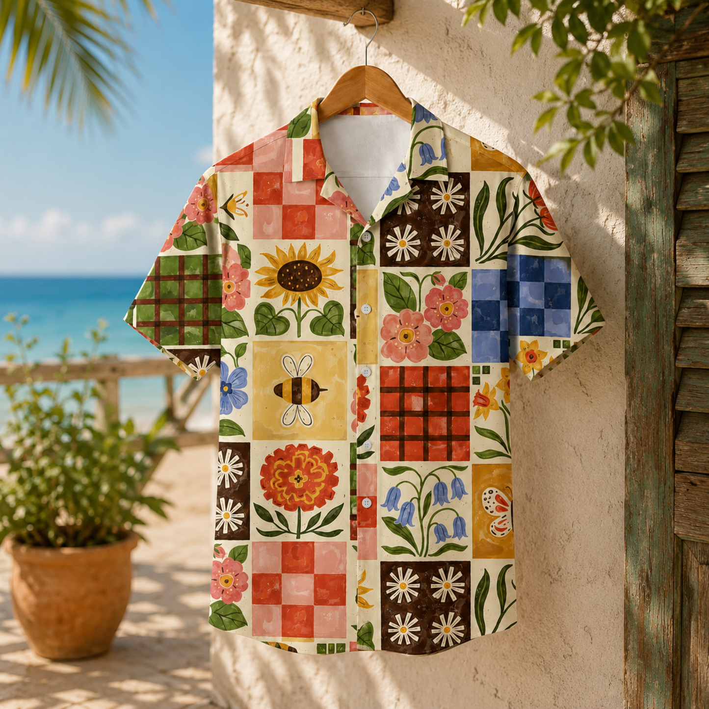 HW-M074-Vintage Seventies Folk Art Floral Grid Pattern Camp Collar Festival Top Hawaiian Shirt