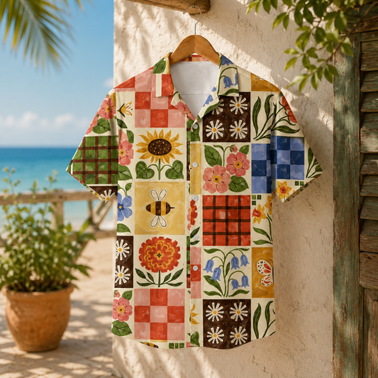 HW-M074-Vintage Seventies Folk Art Floral Grid Pattern Camp Collar Festival Top Hawaiian Shirt