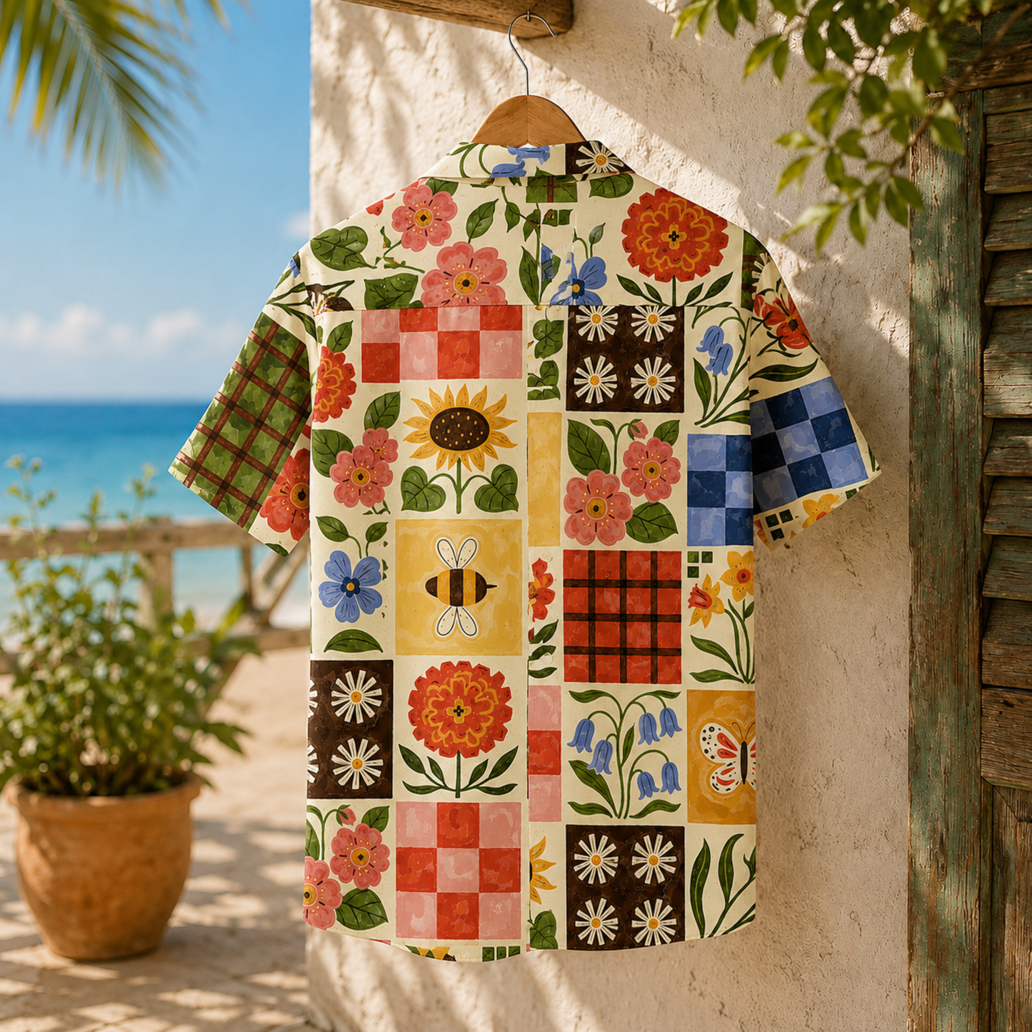 HW-M074-Vintage Seventies Folk Art Floral Grid Pattern Camp Collar Festival Top Hawaiian Shirt
