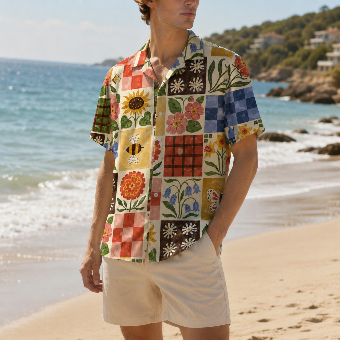 HW-M074-Vintage Seventies Folk Art Floral Grid Pattern Camp Collar Festival Top Hawaiian Shirt