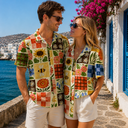HW-M074-Vintage Seventies Folk Art Floral Grid Pattern Camp Collar Festival Top Hawaiian Shirt