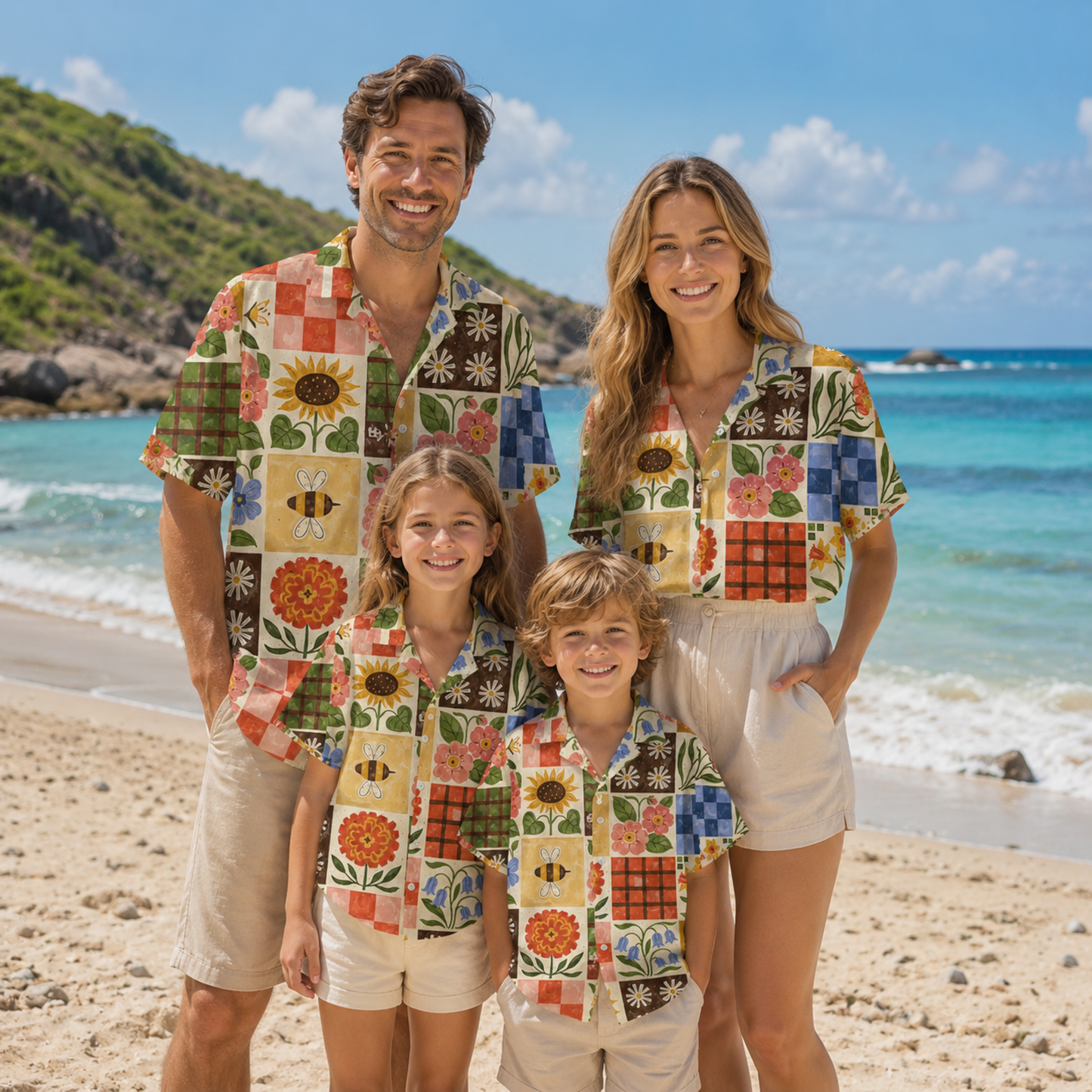 HW-M074-Vintage Seventies Folk Art Floral Grid Pattern Camp Collar Festival Top Hawaiian Shirt