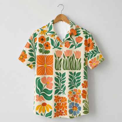 HW-M075-Mid Century Modern Retro Floral Block Print Button Down Boho Summer Vacation Hawaiian Shirt