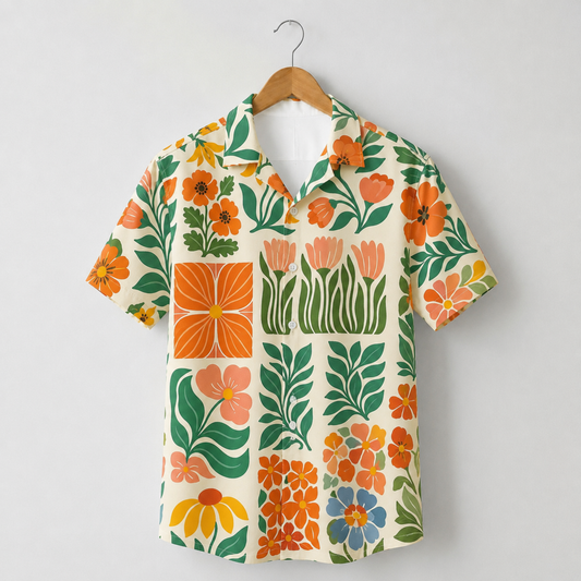 HW-M075-Mid Century Modern Retro Floral Block Print Button Down Boho Summer Vacation Hawaiian Shirt