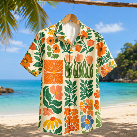 HW-M075-Mid Century Modern Retro Floral Block Print Button Down Boho Summer Vacation Hawaiian Shirt