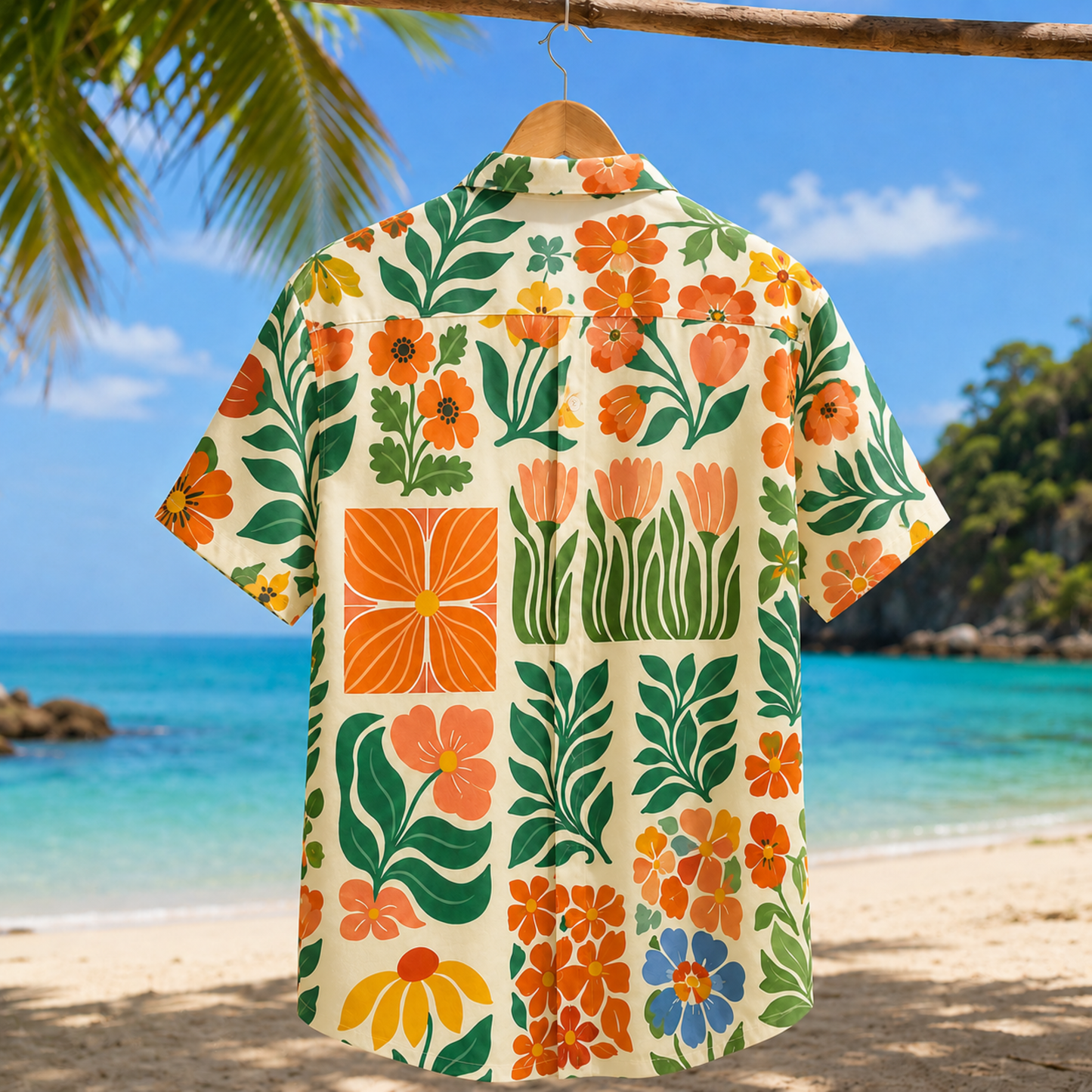 HW-M075-Mid Century Modern Retro Floral Block Print Button Down Boho Summer Vacation Hawaiian Shirt