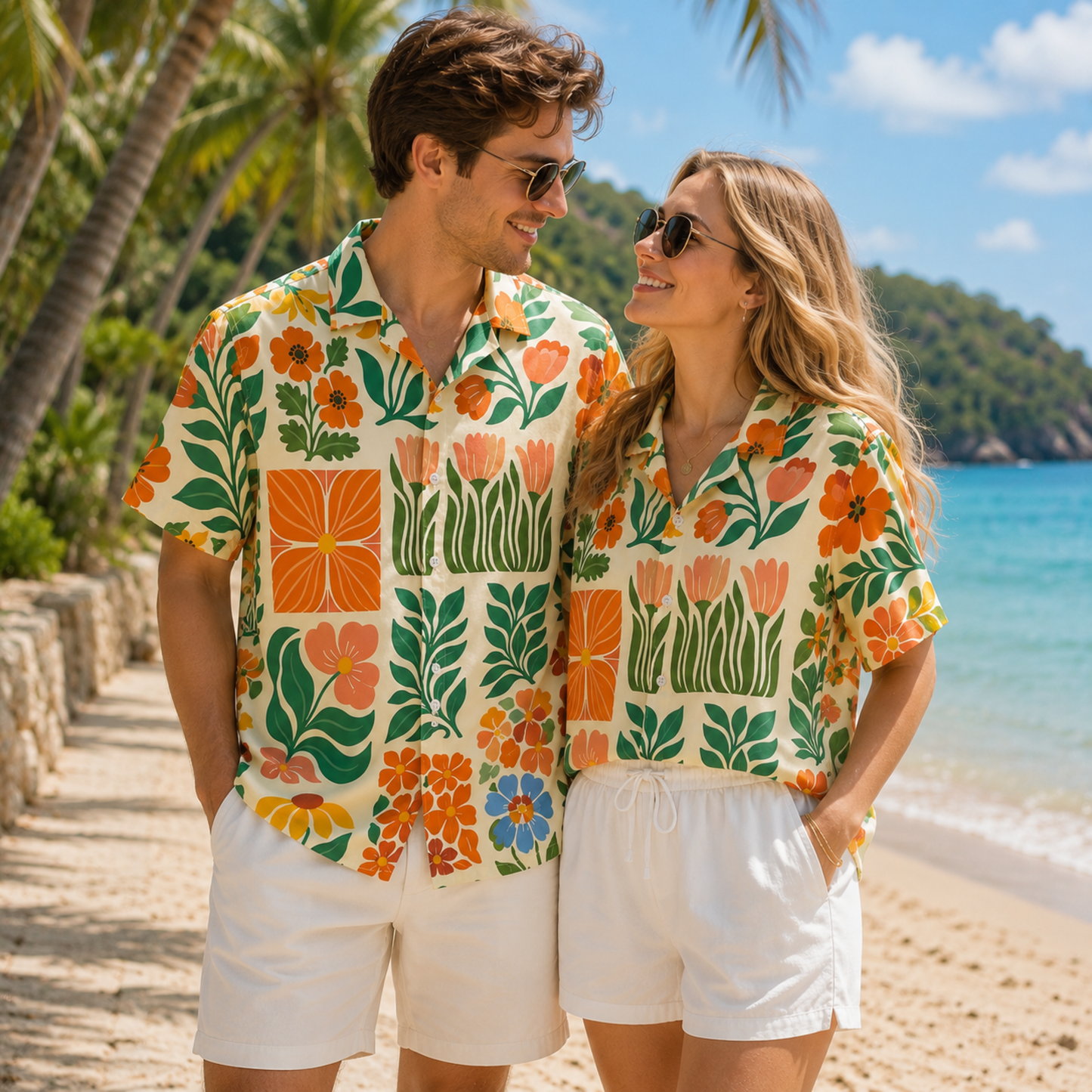 HW-M075-Mid Century Modern Retro Floral Block Print Button Down Boho Summer Vacation Hawaiian Shirt