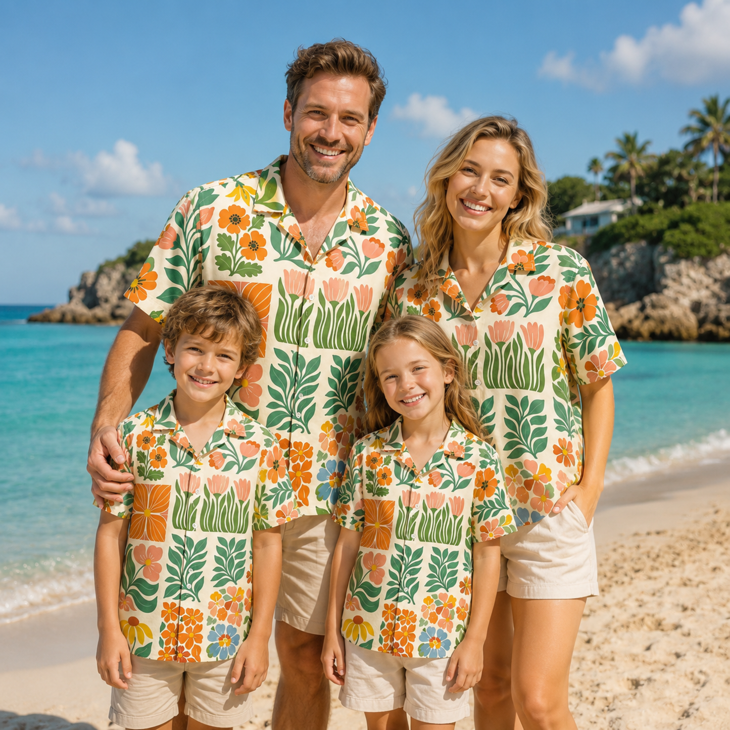 HW-M075-Mid Century Modern Retro Floral Block Print Button Down Boho Summer Vacation Hawaiian Shirt