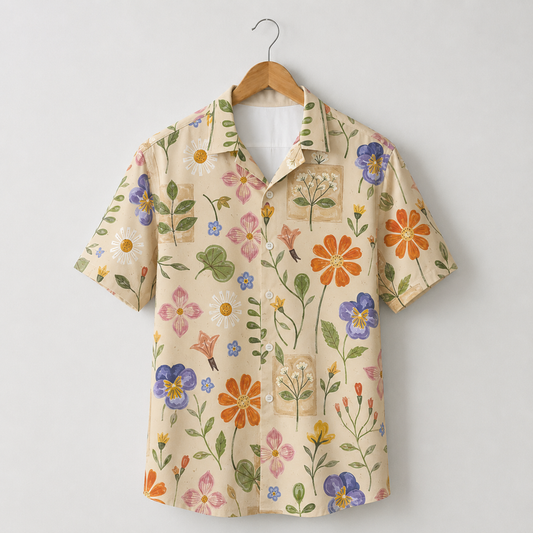 HW-M076-Vintage Botanical Garden Purple Pansy Floral Print Button Down Camp Collar Summer Hawaiian Shirt