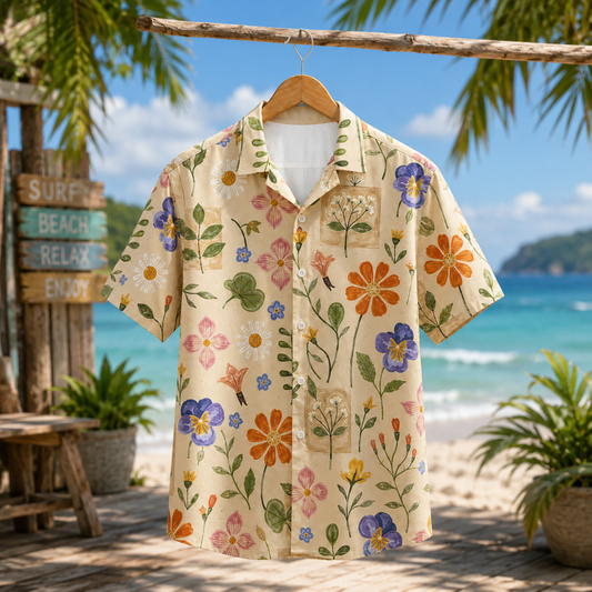 HW-M076-Vintage Botanical Garden Purple Pansy Floral Print Button Down Camp Collar Summer Hawaiian Shirt