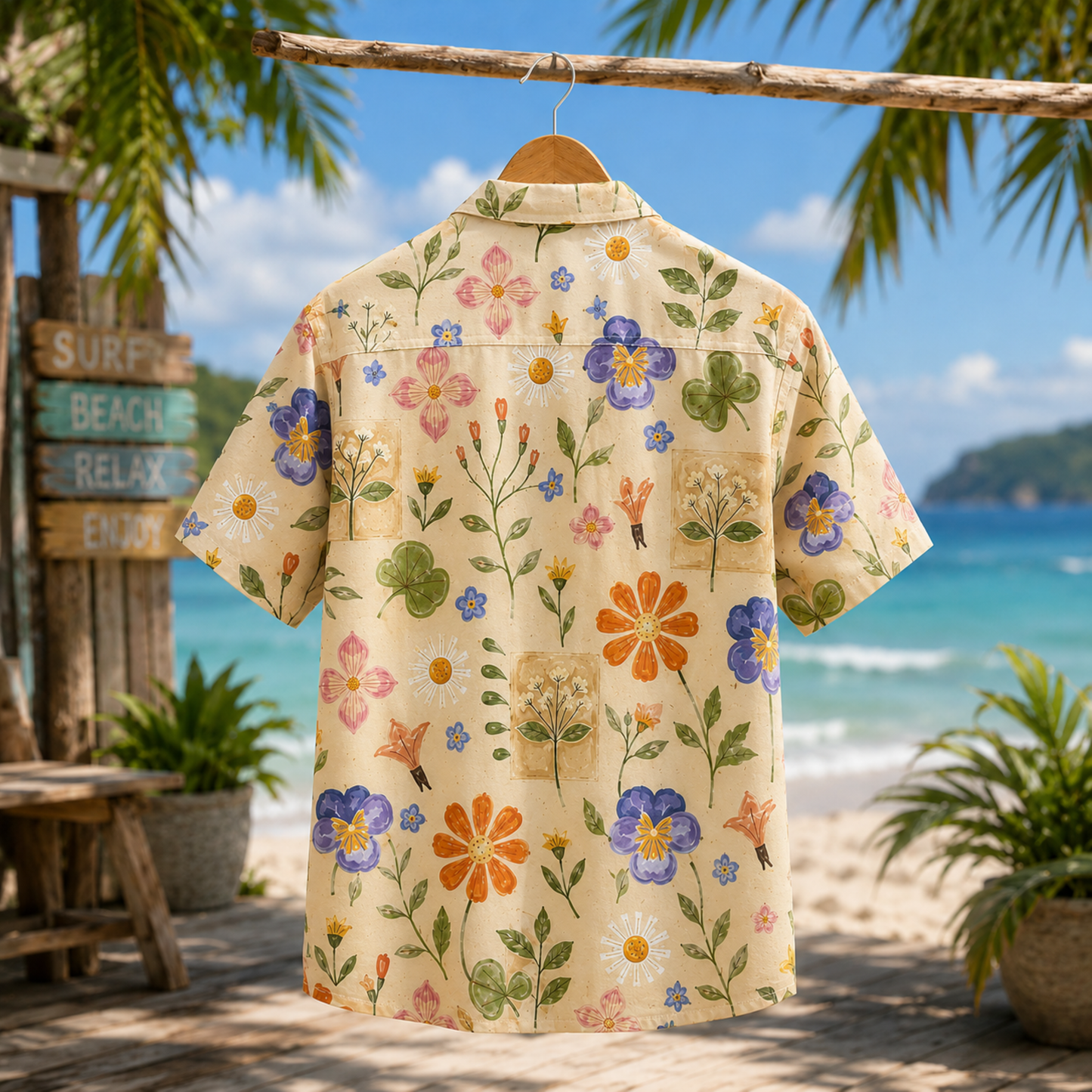 HW-M076-Vintage Botanical Garden Purple Pansy Floral Print Button Down Camp Collar Summer Hawaiian Shirt
