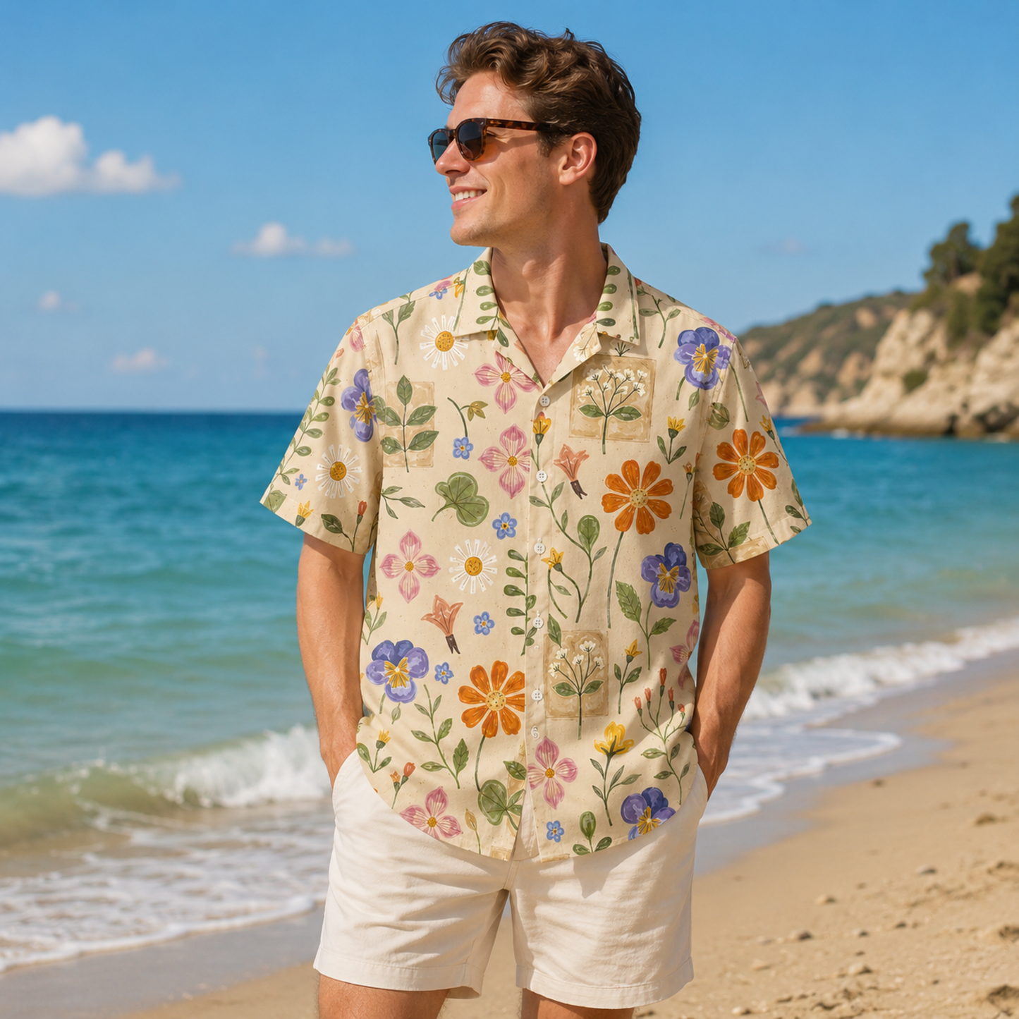 HW-M076-Vintage Botanical Garden Purple Pansy Floral Print Button Down Camp Collar Summer Hawaiian Shirt
