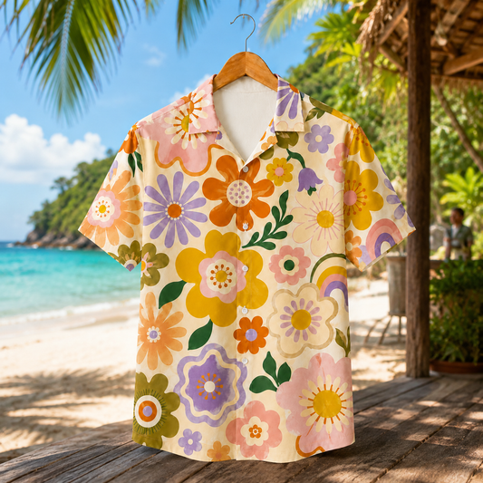 HW-M077-Vibrant Vintage Inspired Botanical Blossom Motif Aesthetic Resort Top Unisex Beach Vacation Hawaiian Shirt
