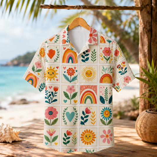 HW-M078-Colorful Boho Botanical Flower Rainbow Block Print Casual Resort Wear Aesthetic Unisex Hawaiian Shirt