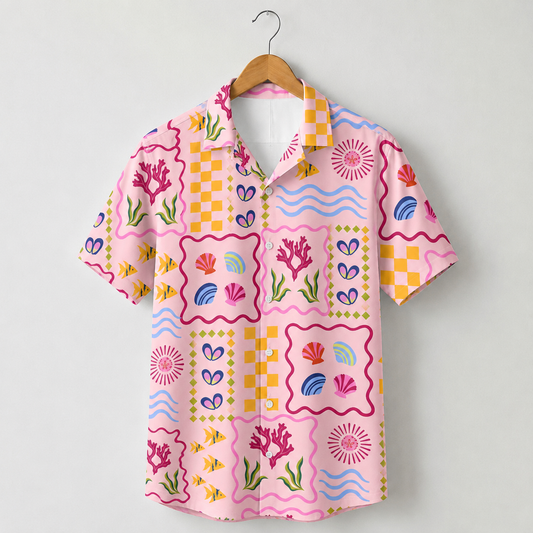 HW-M082-Pink Retro Ocean Seashell Coral Patchwork Graphic Print Button Down Summer Hawaiian Camp Shirt