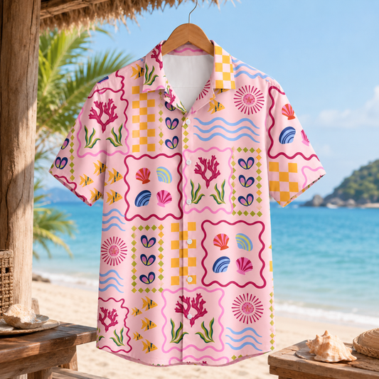 HW-M082-Pink Retro Ocean Seashell Coral Patchwork Graphic Print Button Down Summer Hawaiian Camp Shirt