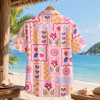 HW-M082-Pink Retro Ocean Seashell Coral Patchwork Graphic Print Button Down Summer Hawaiian Camp Shirt