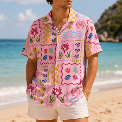 HW-M082-Pink Retro Ocean Seashell Coral Patchwork Graphic Print Button Down Summer Hawaiian Camp Shirt